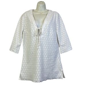 Athleta Long Sleeve Tunic Mini Dress White 100% Cotton Lace size L New